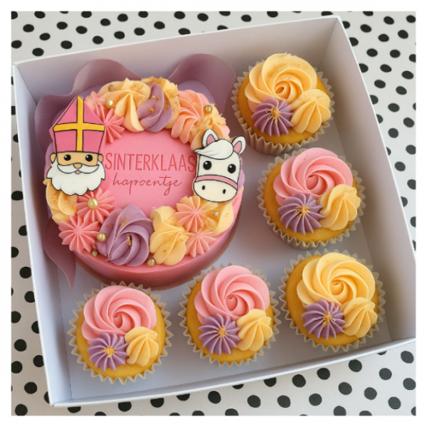 Sinterklaasbento mini cake + 5 cupcakes roze,paars,peach
