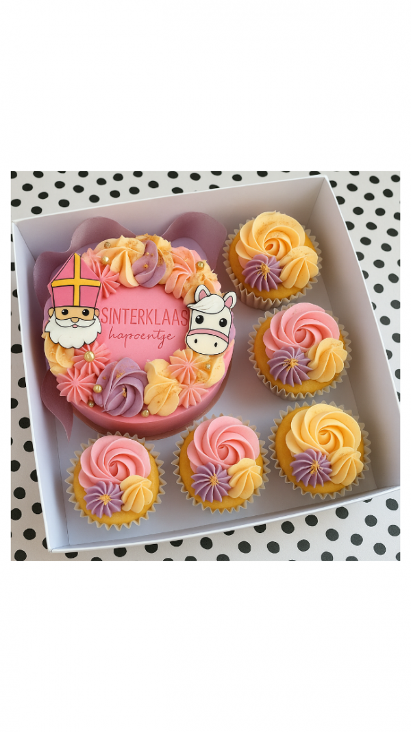 Sinterklaasbento mini cake + 5 cupcakes roze,paars,peach
